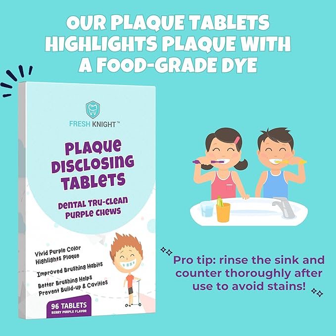 Plaque Disclosing Tablets for Teeth, 96 Count, Dental Disclosing Tablets for Kids or Adults, Shows Plaque, Helps Teach Kids Teeth-Brushing Habits for Clean Smile, by Fresh Knight, (Pack of 1)