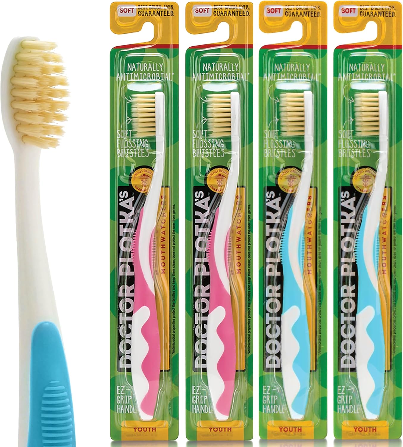 MOUTHWATCHERS Soft Childrens Flossing Manual Toothbrush, Value Pack of 4, Pink and Blue, Toothbrushes for Kids & Teens, Ultra Clean, by Dr. Plotka's