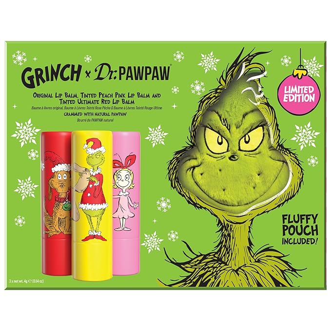 Dr. PawPaw The Grinch Set - Original, Ultimate Red, Peach Pink - Natural Lip Balm with Aloe Vera - Gluten Free Lip Moisturizer for Hydration - 3 pc