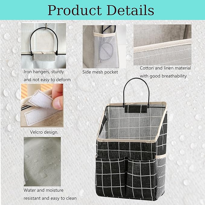 2pcs Wall Hanging Storage Bag,Wall Hanging Organizer Bags with Pockets, Wall Organizer Storage for Dormitory Bathroom Bedroom Kitchen(Black Grid)