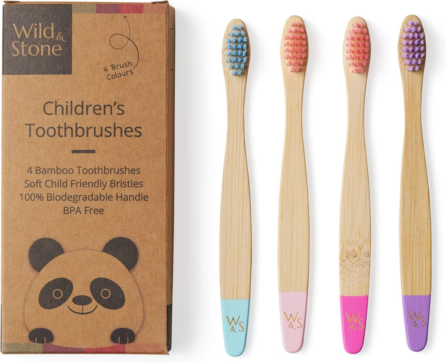 Wild & Stone Organic Children's Bamboo Toothbrush | 4 Pack Candy Colour | Soft Fibre Bristles | 100% Biodegradable Handle | BPA Free | Vegan Eco Friendly Kids Toothbrushes