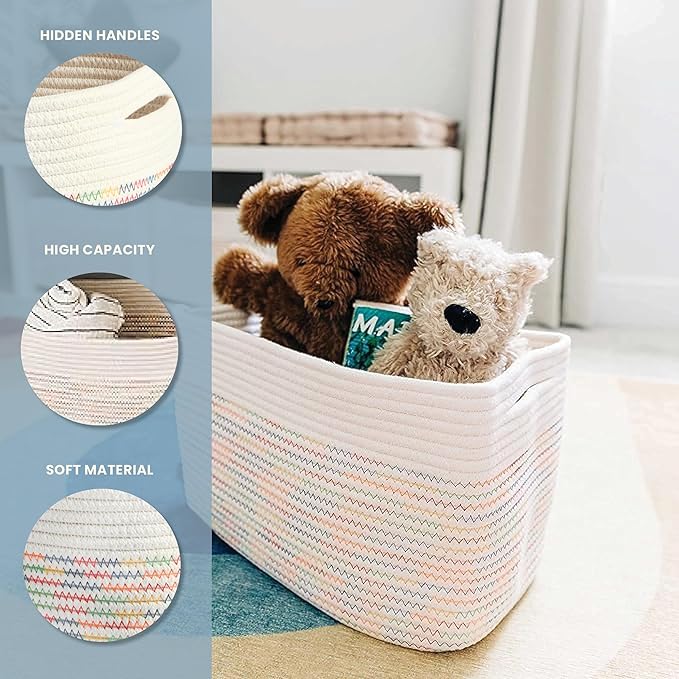OrganiHaus Set of 3 Woven Storage Baskets for Shelves, Decorative Organizer Bins for Closet & Bathroom, Multipurpose Home Organization Baskets, Toy Storage Basket - Rainbow Stitches 15x9x10 inches