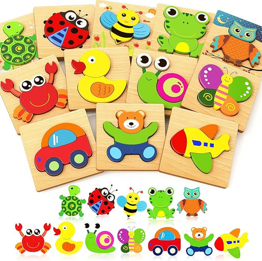 Bekayshad Wooden Puzzles Toddler Toys Gifts for 1 2 3 Year Old Girls Boys, 12 Pack Animal Jigsaw Puzzles Montessori Toys, Learning Educational Birthday Gifts for Girls Boys Ages 1-3