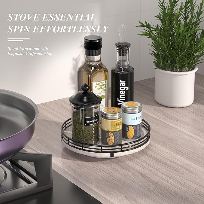 9" Wooden Lazy Susan Organizer for Cabinet, Turntable Round Decorative Tray for Kitchen Sink, Countertop Organizer, Bathroom Counter Organizer for Skincare Makeup, Rustic Whitewashed