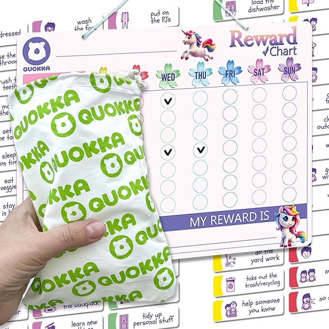 QUOKKA Magnetic Kids Chore Chart - Behavior Chore Chart for Kids at Home - Pink Reward Visual Schedule - Dry and Erase Routine Responsibility - Use 99 Magnets Markers Stickers - from Toddlers to Teens