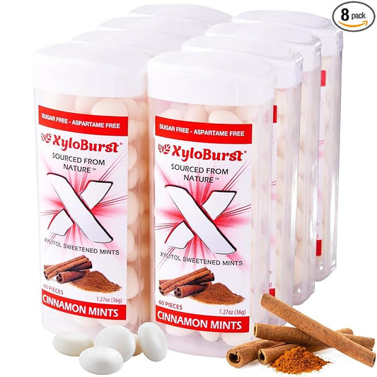 XyloBurst - Xylitol Mints | Sugar Free Breath Mints for Oral Health | Gluten Free, Vegan, Keto Friendly | Aspartame Free| Cinnamon | 60 Count Jar, 8-Pack