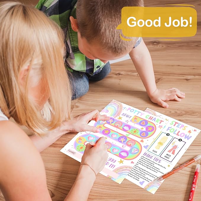 Potty Training Chart, 10 Potty Training Reward Chart for Toilet Success, 8"x10" Boho Rainbow Routine Calendar with Stickers for Toddler Girls - A11