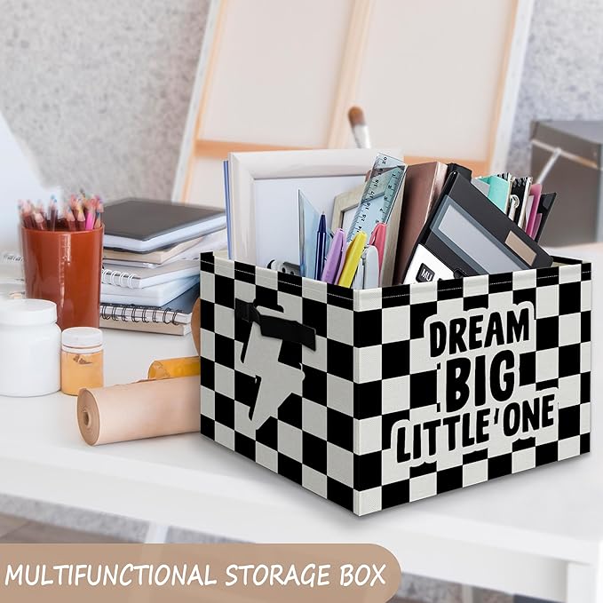 Dream Big Little One Boy Foldable Storage Bins Box with Handles, Black and White Checkered Collapsible Organizer Basket for Kids Boys Bedroom Bathroom Nursery Playroom Clothes Toys Books