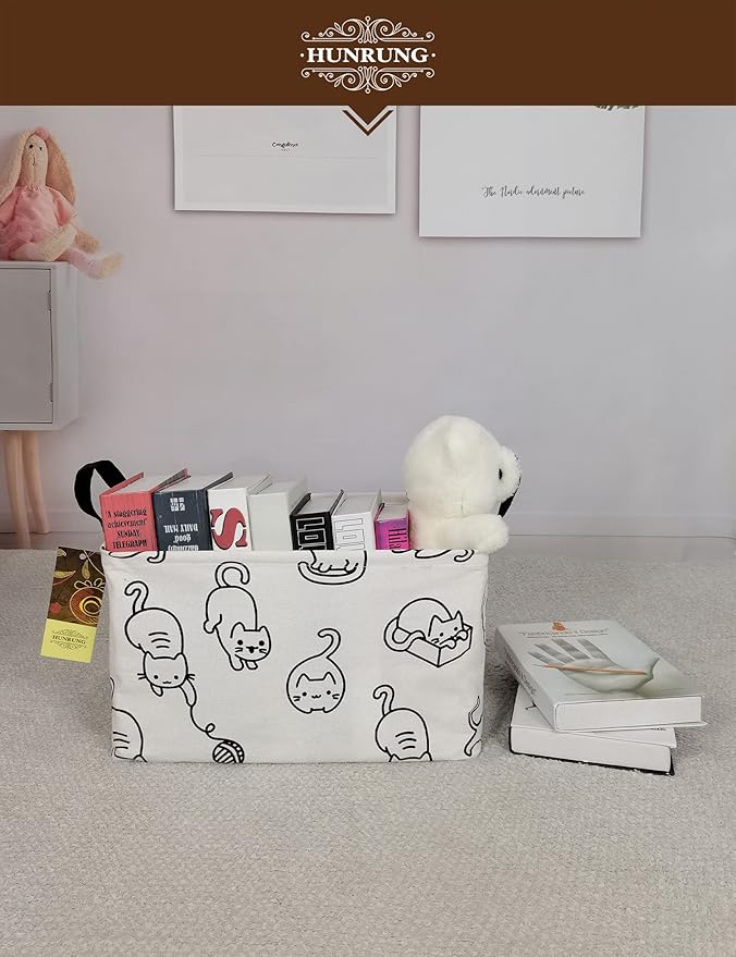 HUNRUNG Rectangle Storage Basket Cute Canvas Organizer Bin for Pet/Children Toys, Books, Clothes Perfect for Rooms/Playroom(REC-Black cat)