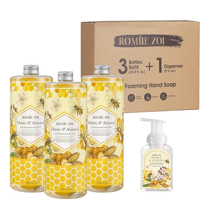 ROMIIE ZOI Foaming Hand Soap Refill- Natural Honey & Almond Fragrance Gentle & Moisturizing Formula Hand Soap Refills with Dispenser for Home & Kitchen, 1 L/ 33.8 FL OZ pack of 3