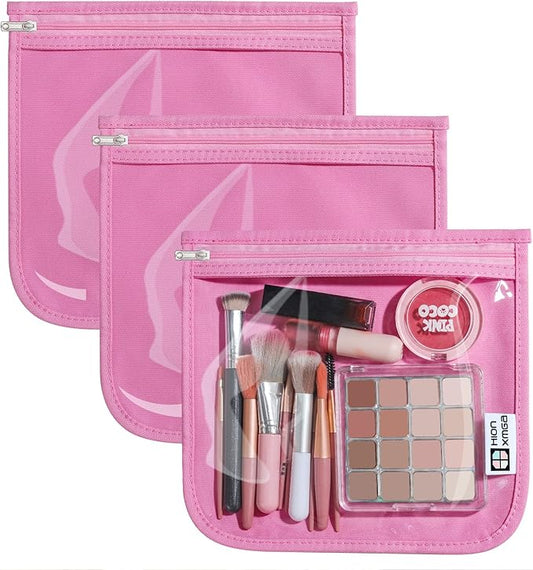 TSA Approved Toiletry Bag, Set of 3 Clear Travel Toiletry Bag Quart Size Zipper Travel Pouch, Waterproof Makeup Cosmetic Bag for Women Men Kids Toiletries Carry on, Pink Large