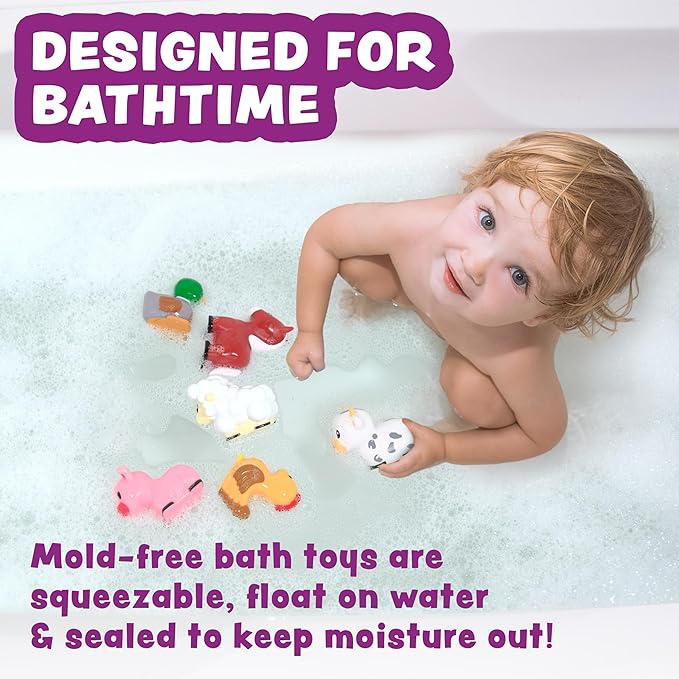Tub Works® Barnyard™ Mold Free Bath Toys, 12 Pack | Sealed, No Hole Bath Toys Design Keeps Moisture Out | Soft, Squeezable & Float on Water | Farm Animals Baby & Toddler Bathtub Toys | Baby Pool Toys