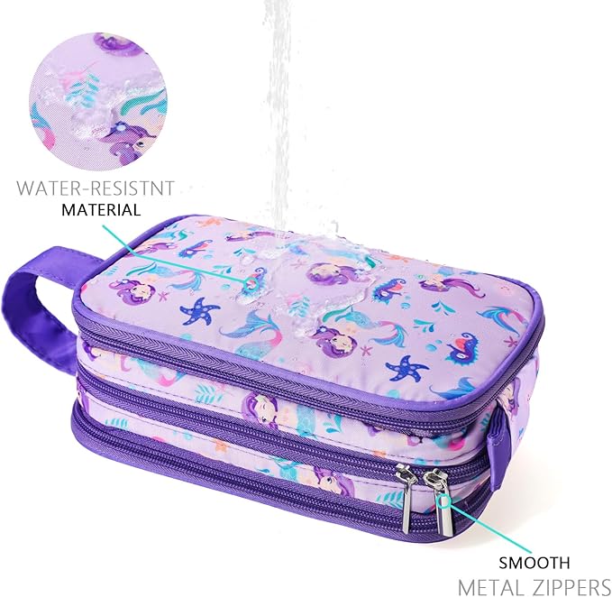 Kids Toiletry Bag for Girls, Travel Toiletry Bag for Little Young Girls Cosmetic Bag Makeup Bag Waterproof Hanging Wash Bag Toddler Toiletries, Mermaid Purple