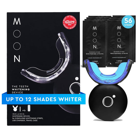 MOON Teeth Whitening Kit, LED Light Teeth Whitener Device, 56 White Strips, USB Charger & Travel Case, Blue Light Whitening Tray Removes Stains & Whitens Up to 12 Shades in 2 Weeks (4 Piece Kit)
