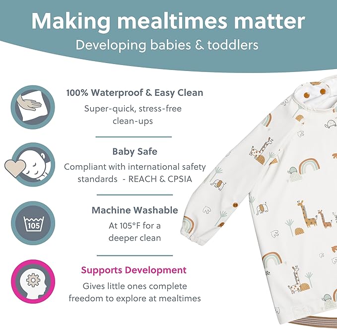 BIBaDO - Long Sleeve Baby Bibs - Babies & Toddlers 6-36 Months - Coverall Baby Led Weaning Bib - Easy Wipe, Soft & Waterproof
