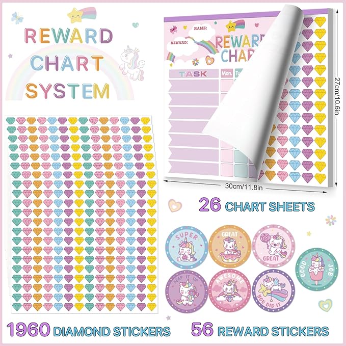 Reward Chart for Kids,Magnetic Behavior Chore Chart for Kids at Home,26 Little Hose Chore Charts,1960 Diamond Stickers,56 Reward Stickers,Incentive Chart to Develop Responsibility and Good Habits,Pink