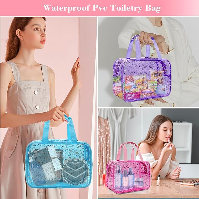 Clear Red Star Large Makeup Bag with Star Pattern 12x5x8 inch, Travel Cosmetic Bag with Handle, Durable PVC Material Washbag Zipper Opening Design for Makeup Travel Organizer or Gym Use