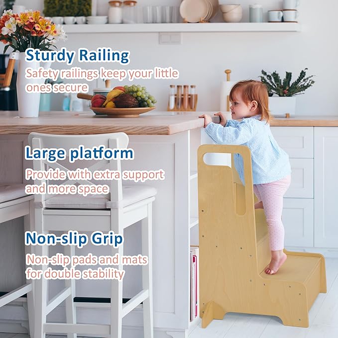 Step Stool for Kids, Large Wooden Kid Step Stool with Handles & Non-Slip Mats for Bathroom Sink and Kitchen, Potty Training Stool for Toilet