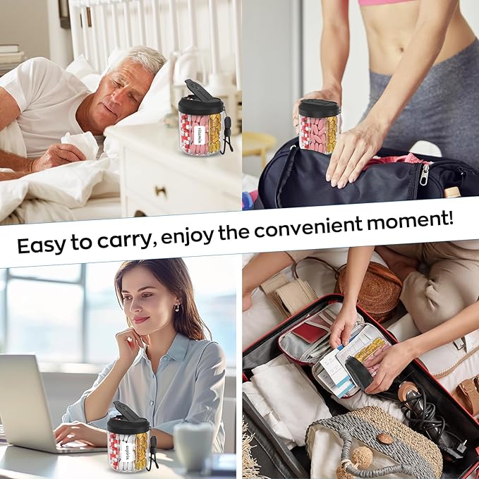 Pill Dispenser with 7 Large Compartments, Pill Bottle Organizer for Travel, Supplement Organizer with Anti-Mixing Design, BPA-Free Pill Container with 20 Pcs Labels, Black 2pcs