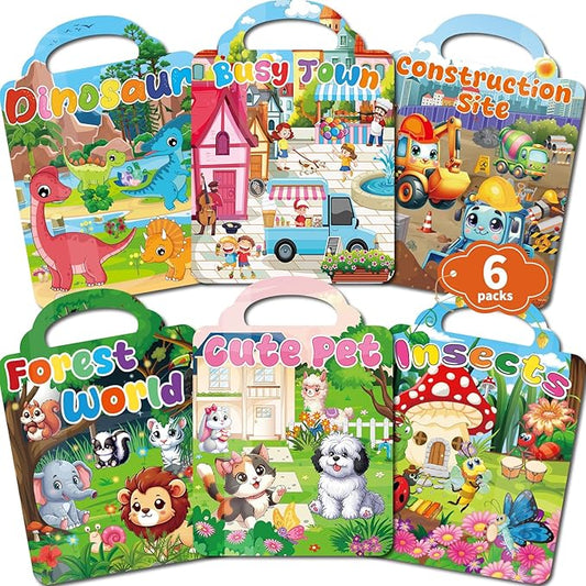 6 Set Reusable Sticker Books for Toddlers 1-3 2-4, Kids 3D Puffy Stickers (Dinosaurs, Forest, Town, Pets, Construction, Insects), Sticker Activity Books