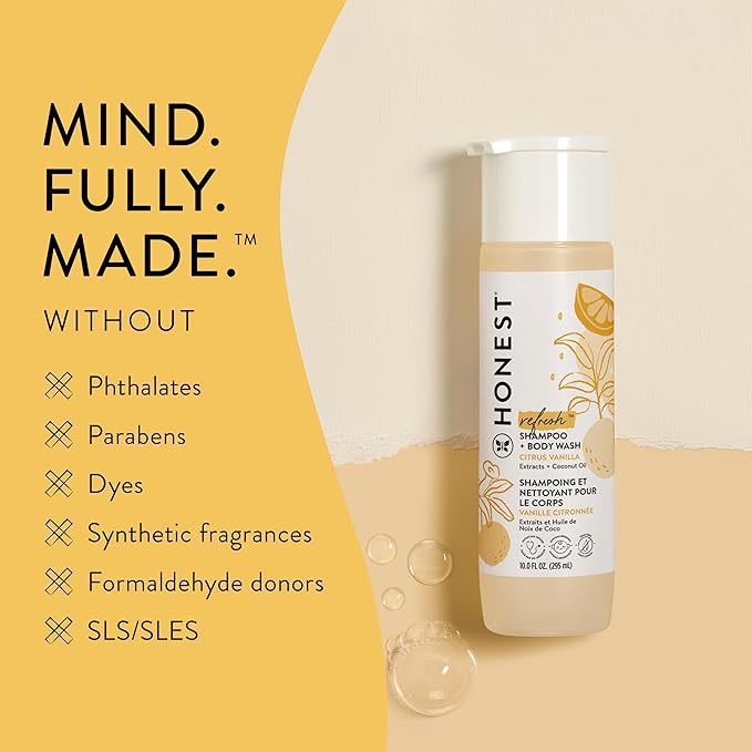 The Honest Company 2-in-1 Cleansing Shampoo Body Wash Gentle for Baby Naturally Derived Tear-free Hypoallergenic Citrus Vanilla Refresh 10 fl oz