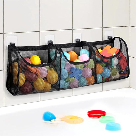 Goowin Bath Toy Storage, Bath Toy Holder, 3 Compartment Large Openings Bath Toy Organizer, Large Capacity Bath Tub Toy Holder, Kids Bathtub Toy Storage For Accessing & Sorting Toys (Black, Regular)