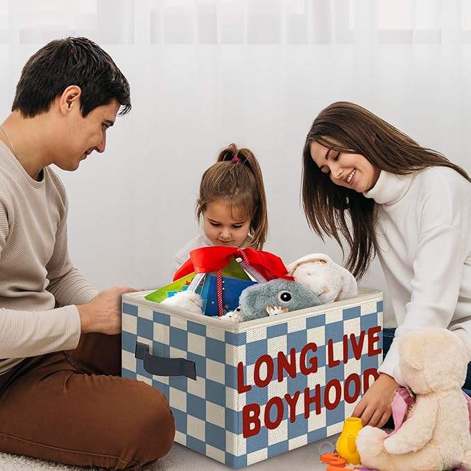 Long Live Boyhood Foldable Storage Bins Box with Handles, Retro Blue Checkered Collapsible Toys Books Clothes Organizer Basket for Kids Boys Nursery Bedroom Bathroom Dorm