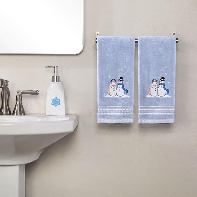 SKL Home Christmas/Winter Glitz Snow Couple 100% Cotton Embroidered 2pc Hand Towel Set, Decorative for Bath/Kitchen/Bar, Light Blue