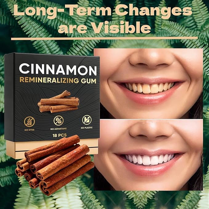Remineralizing Gum with Nano Hydroxyapatite & Xylitol-Gum Repair For Receding Gums-CinnamonGum-Plastic-Free, Dye-Free, Aspartame-Free-Natural Base-36 Pieces