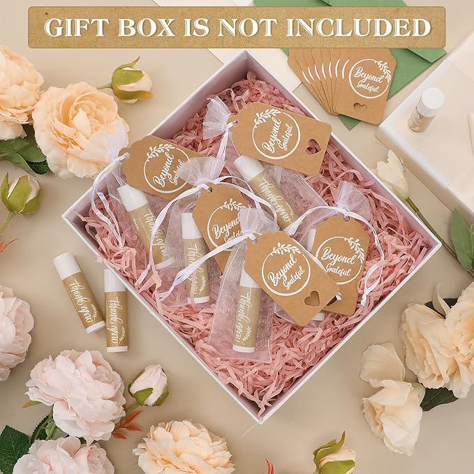 Leelosp Wedding Thank You Lip Balm Bulk Small Natural Moisturizing Mini Balm Lip Care Product Include Organza Bag and Appreciation Card for Women Baby Shower Favors, 5 Fragrance(50 Sets)