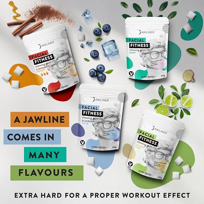 Jawliner® - Pioneers the Toughest Handmade 15x Harder Jawline Gum Includes 12 Weeks Coaching - Sugar-Free Blueberry Ice Gum - Jawline Exerciser for Mewing & Shaping the Jaw (2 Months Pack)