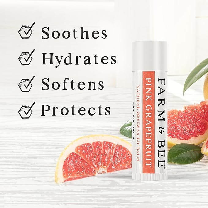 Natural Lip Balm - Organic & Natural Ingredients - Beeswax Based Moisturizing Lip Care Chapstick for Dry Cracked Lips - Great Gift Idea - Farm & Bee - 0.15oz (Pack of 4 - Pink Grapefruit)