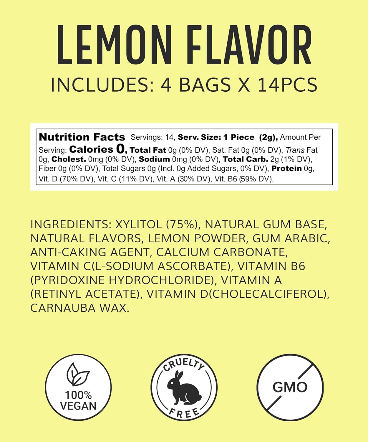 Xylitol Gum Vitamin | Healthy, Sugar Free, Plastic Free, Natural Chewing Gum, Multivitamin A,B6,C & D | Aspartame Free, Boost, Vegan, Gluten Free, Keto | Lemon, 4 pack (56pcs)