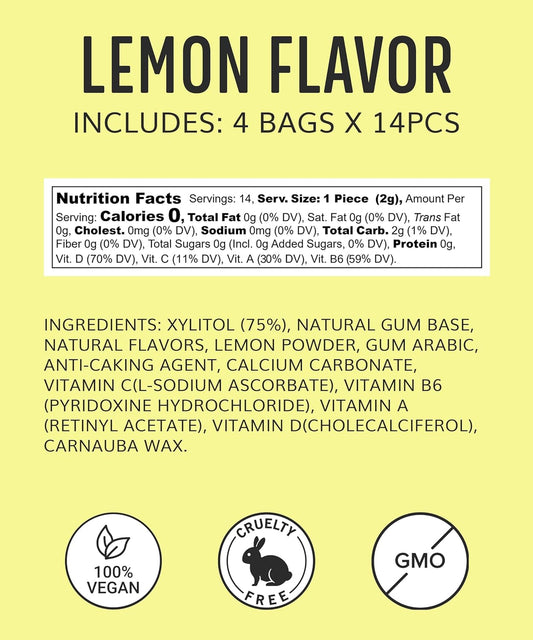 Xylitol Gum Vitamin | Healthy, Sugar Free, Plastic Free, Natural Chewing Gum, Multivitamin A,B6,C & D | Aspartame Free, Boost, Vegan, Gluten Free, Keto | Lemon, 4 pack (56pcs)