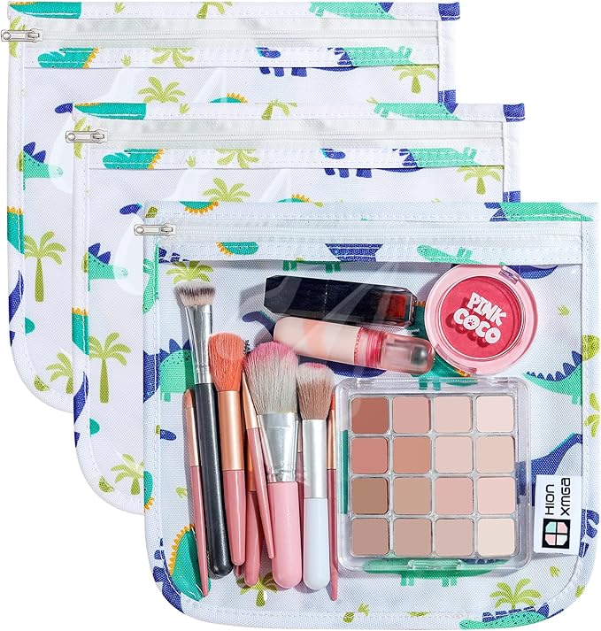 TSA Approved Toiletry Bag, Set of 3 Clear Travel Toiletry Bag Quart Size Zipper Travel Pouch, Waterproof Makeup Cosmetic Bag for Women Men Kids Toiletries Carry on, Dinosaur Large