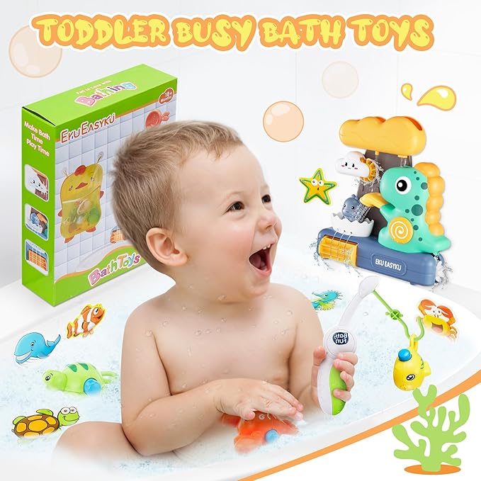 EKU Dinosaur Bath Toys for Kids Toddlers Age 18months+ Interactive Floating Sea Animal Dice Mold Free Fishing Game Water Play Bath Time Bathtub Storage Bag Girl Boy Baby Infant