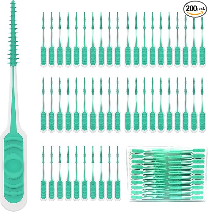 200PCS Interdental Brush with Soft Rubber Handle,Disposable Dental Picks for Teeth Cleaning,Dental Picks with Convenient PP Case (Green)
