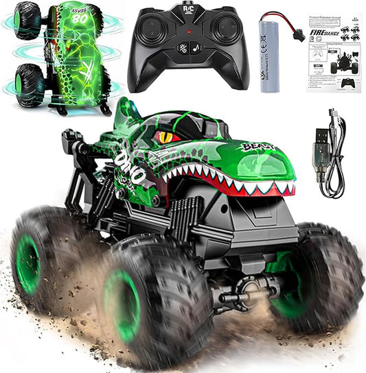 BEZGAR Monster Truck Toys - Remote Control Monster Truck with Light & Music, Dinosaur Toys for Kids, 1:20 Scale RC Truck with 360° Spins and Drifting, Remote Control Car for Boys 4-7