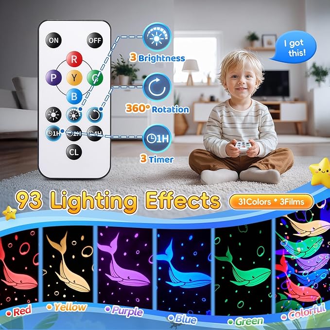 Baby Toys Night Light Projector Sensory Toys for Kids with Autism Toys for Boys 3-10 Baby Christmas Gifts | 15 White Noise 3D Films 31Colors Remote Control Night Light for Kids, Baby Boy Gifts