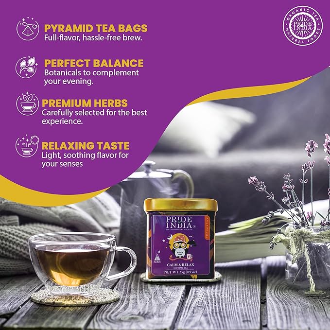 Pride of India | PACK of 6 - Sip and Relax : Bedtime Tea | 15 Pyramid Full Leaf Individually Wrapped Tea Bags| 100% Natural Blend of White Tea & Herbs from Single Origin | Calming and Soothing