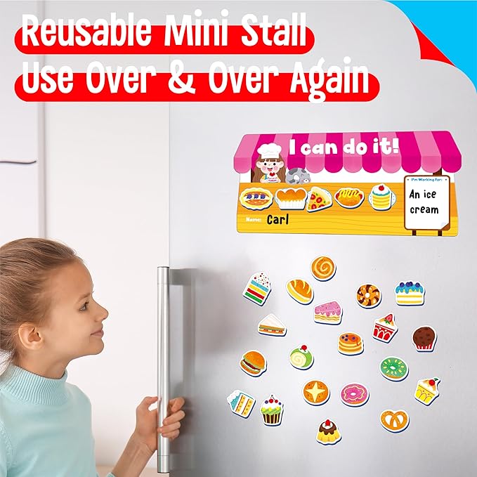 “I CAN DO IT” Token Board, Magnetic Reward Chart with 31 Snack Magnets, Market-Themed Reward System Board, Incentive Chart for Good Behavior and Responsibility, Great for Toddlers, Kids, Students