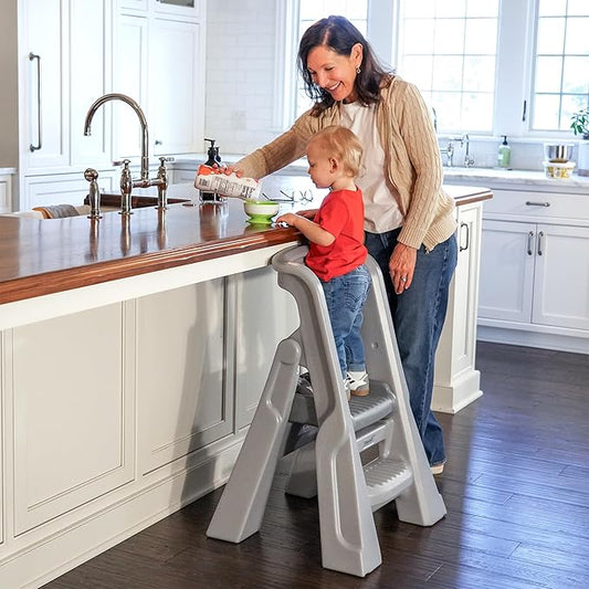 Simplay3 Toddler Tower, Montessori Folding Kids Step Stool for Kitchen, Bathroom, 34” x 21.5" x 20”, Ages 18 Months to 4 Years, Gray