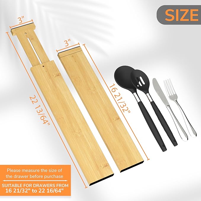 BAMEOS 3" H Large Bamboo Drawer Dividers Adjustable Drawer Organization Expandable Utensil Organizers for Kitchen Dresser Bathroom Bedroom and Office 4-pack