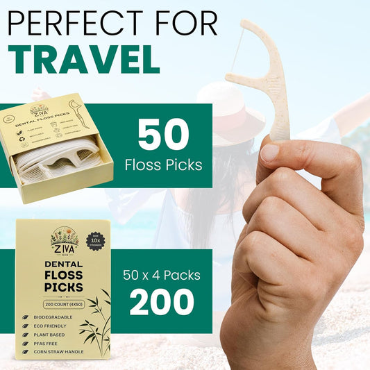 Biodegradable Dental Floss Picks for Teeth, 200 Count, Corn Straw Floss Picks, PFAS Free. Unflavored Flossers, Plant Based, Shred Resistant Floss for Adults & Kids