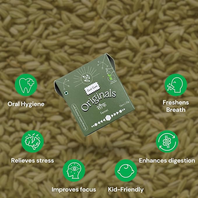 Gud Gum- Natural, Plastic Free Chewing Gum- Clove, Cardamom, Fennel, Cinnamon- 21g x 4 - Mini Pack of 4- No added artificial colours, flavours & sweeteners (Pack of 4, Fennel)