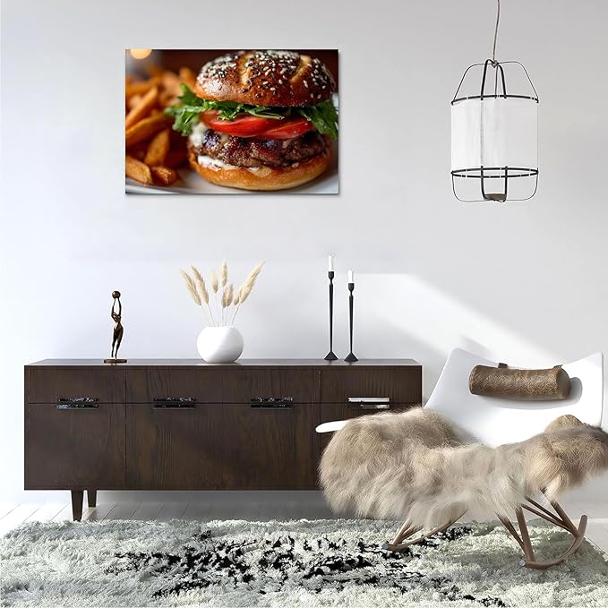 SchindlerBang Rustic Kitchen Wall Art,Gourmet Burger Canvas Print,Farmhouse-Style Decor for Kitchens,Cafes,or Dining Spaces,Charming Style,16x20inch Ready to Hang