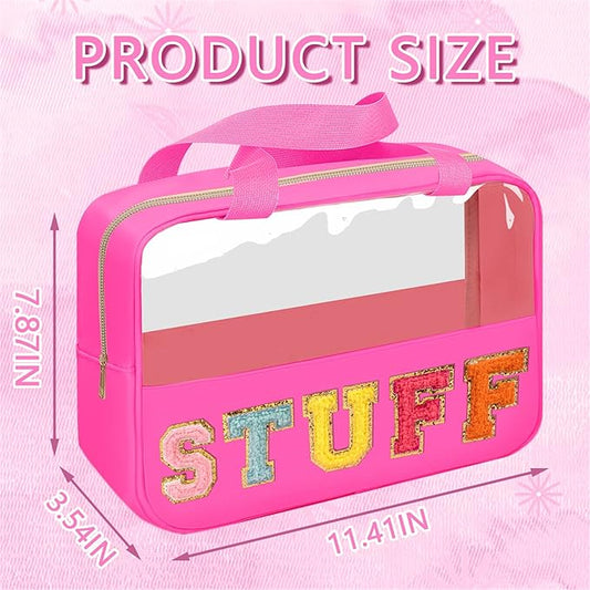 Chenille Letter Patch Stuff Bag, Preppy Clear Makeup Cosmetic Bag Large Toiletry Storage Tote Bag with Handle, Transparent Nylon Waterproof Organizer Zipper Pouch for Travel Women Girls(Rosered)