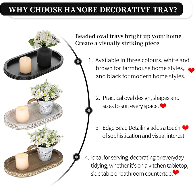 Hanobe Decorative Trays for Coffee Table : Black Oval Centerpiece Tray Wood for Farmhouse Entry Table Decor Round Bathroom Tray for Living Room Kitchen Counter