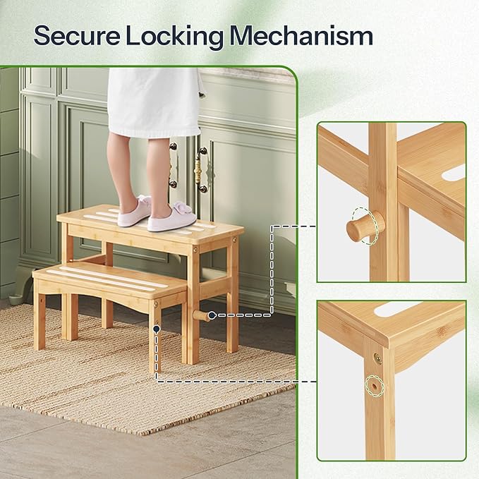 HOOBRO Wooden Step Stool for Toddlers, 2-in-1 Step Stool for Kids, Retractable Bamboo Stool with Anti-Slip Surface, for Bathroom Sink, Potty Training, Easy Assembly, Natural and White YL20JD01