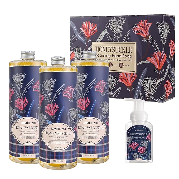 ROMIIE ZOI Foaming Hand Soap Refill Gift Set – Honeysuckle Scent – 3 Pack (1000ML Each) with Dispenser, Gentle & Moisturizing Plant-Based Formula – Bulk Refill Bottles for Bathroom & Kitchen Use